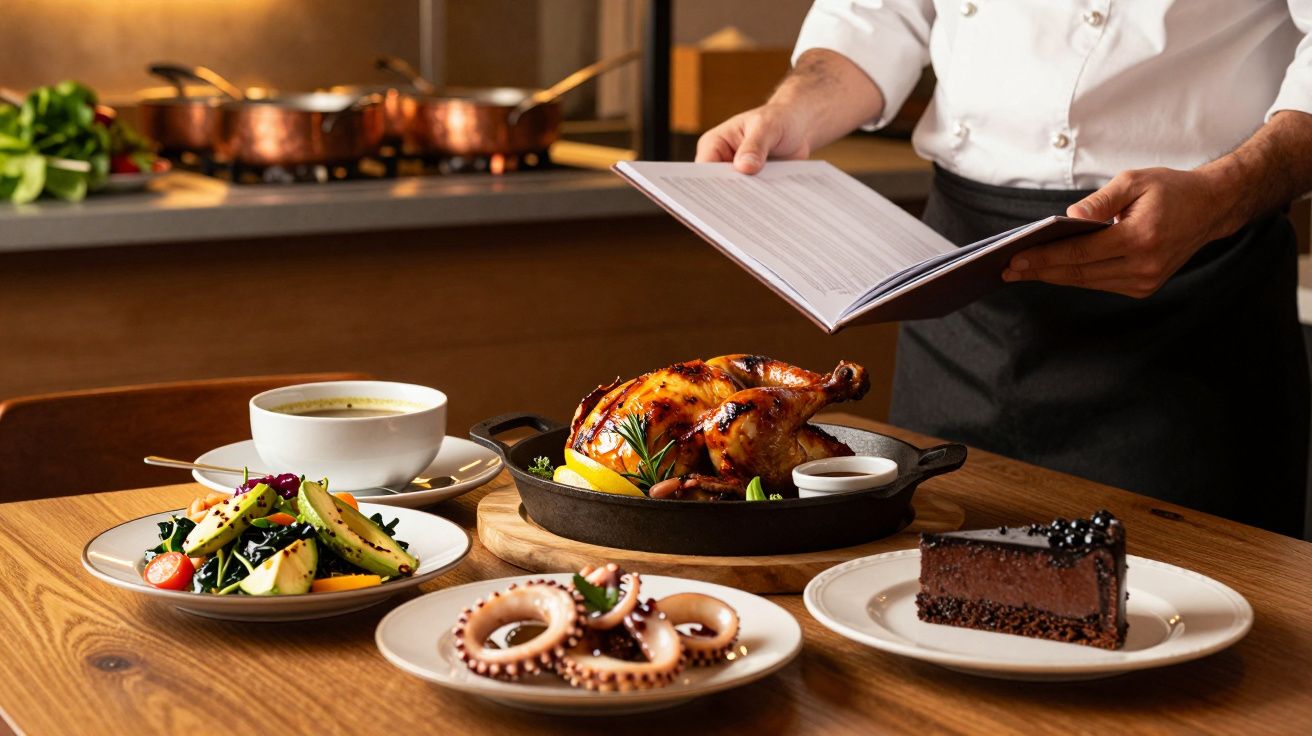 Chef holding a menu next to a wooden table with roasted chicken, salad, octopus, soup, and chocolate cake.
