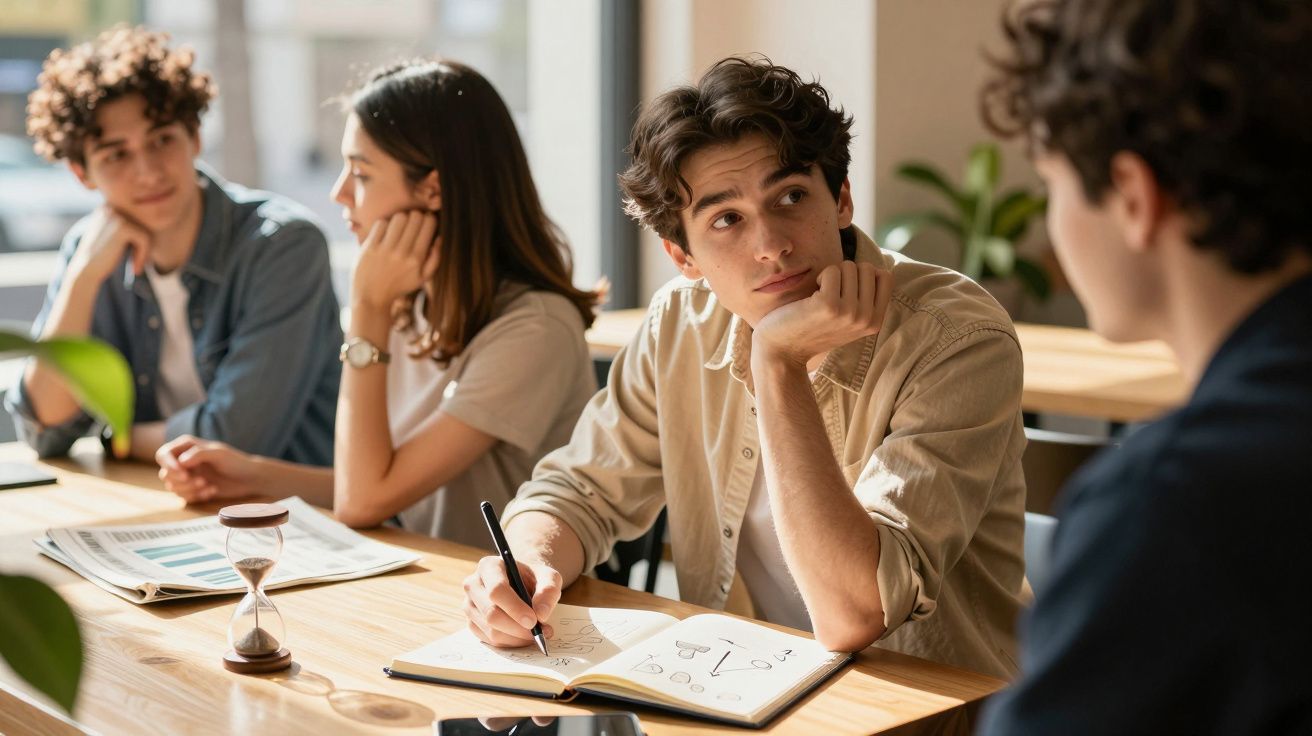 Four people sitting at a table, two are engaged in conversation while one takes notes in a notebook.