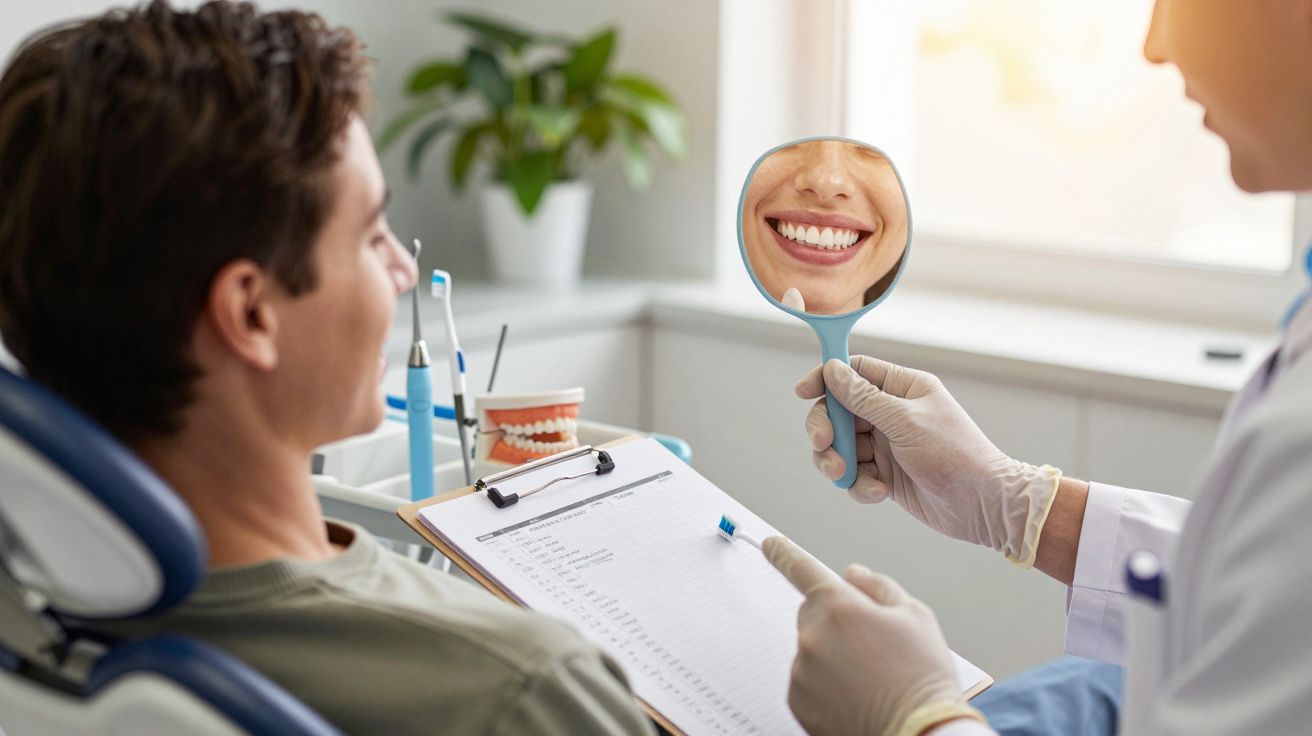 Dentist showing patient a mirror reflecting a bright smile, with patient sitting in chair holding a clipboard.