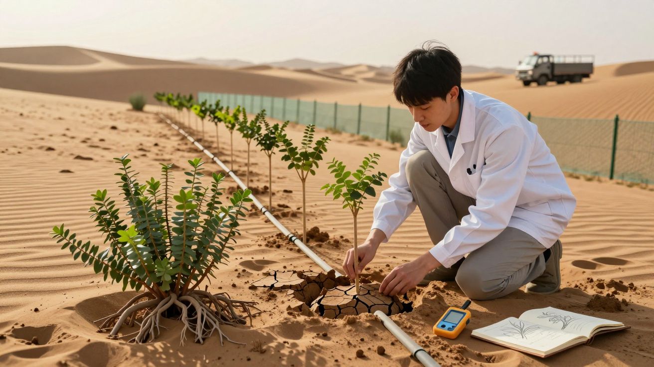 Scientist in desert planting tree saplings along irrigation pipe, examining soil with tools and notebook.