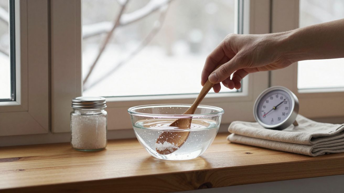 Hand stirring brine in a glass bowl on a wooden table, next to a jar of salt, thermometer, and towels near a window.