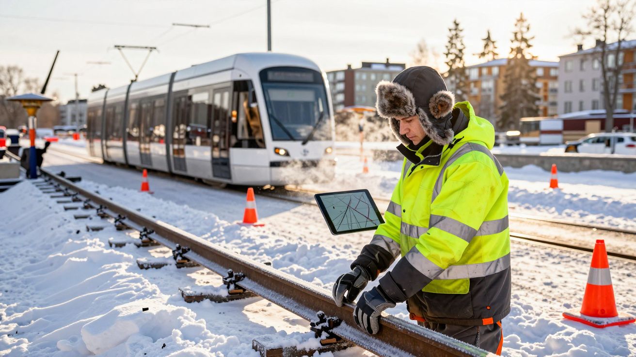 Worker in high-vis gear checks snow-covered tram tracks with a tablet; tram and cones visible in background.