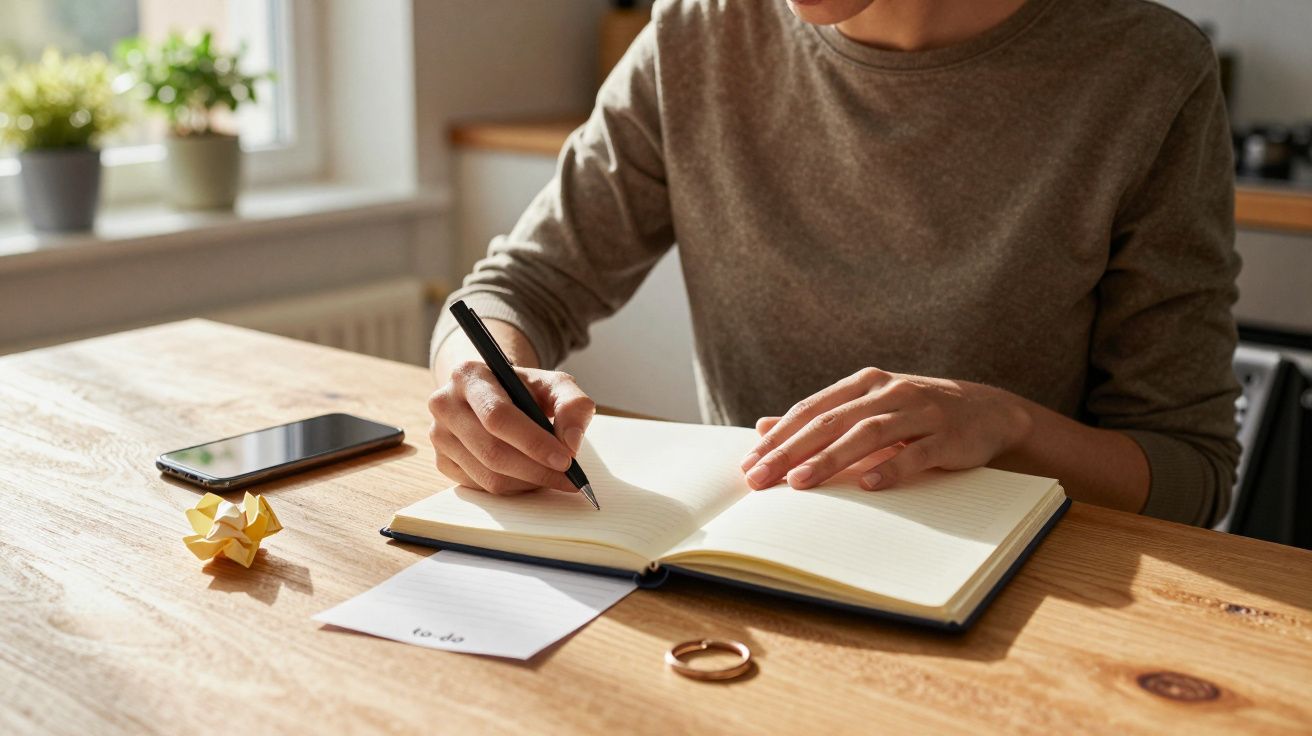 Person writing in a notebook at a wooden desk with a phone and crumpled paper nearby.