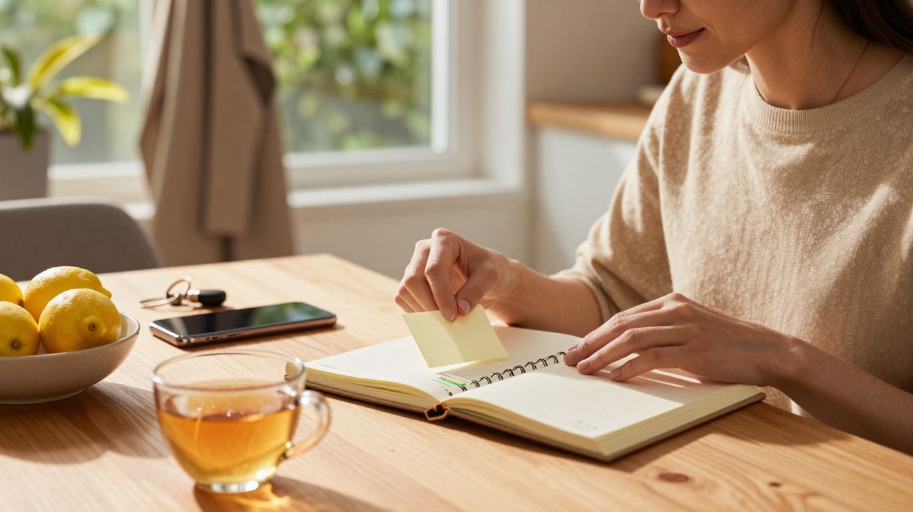 Woman writing in notebook at table with tea, lemons, and phone nearby.