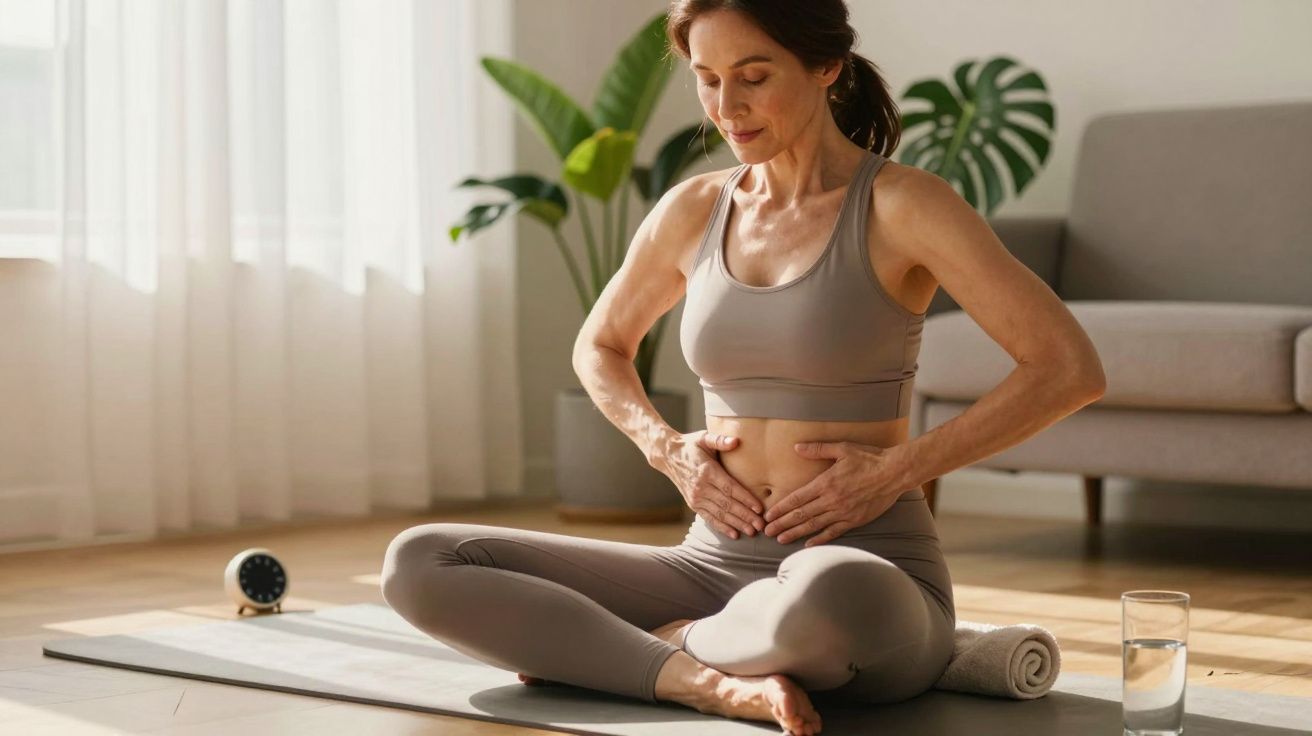 Woman practicing yoga at home, sitting cross-legged on a mat, hands on her abdomen, with plants and sunlight in the backgroun