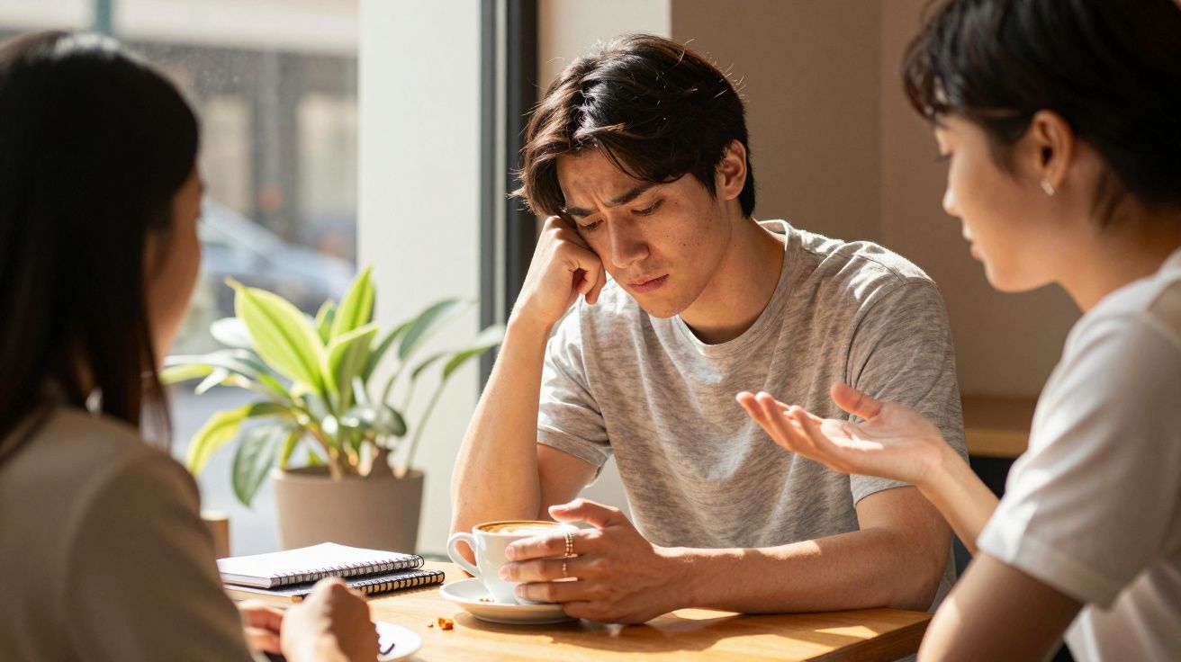 Three people sitting at a table. One looks thoughtful, holding a coffee cup, while another gestures. A plant is in the backgr