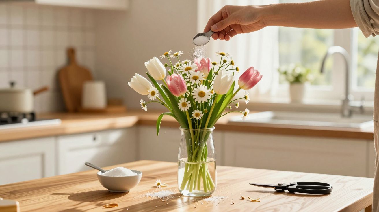 Hand sprinkling sugar into a vase of tulips and daisies on a wooden kitchen table with soft sunlight streaming in.