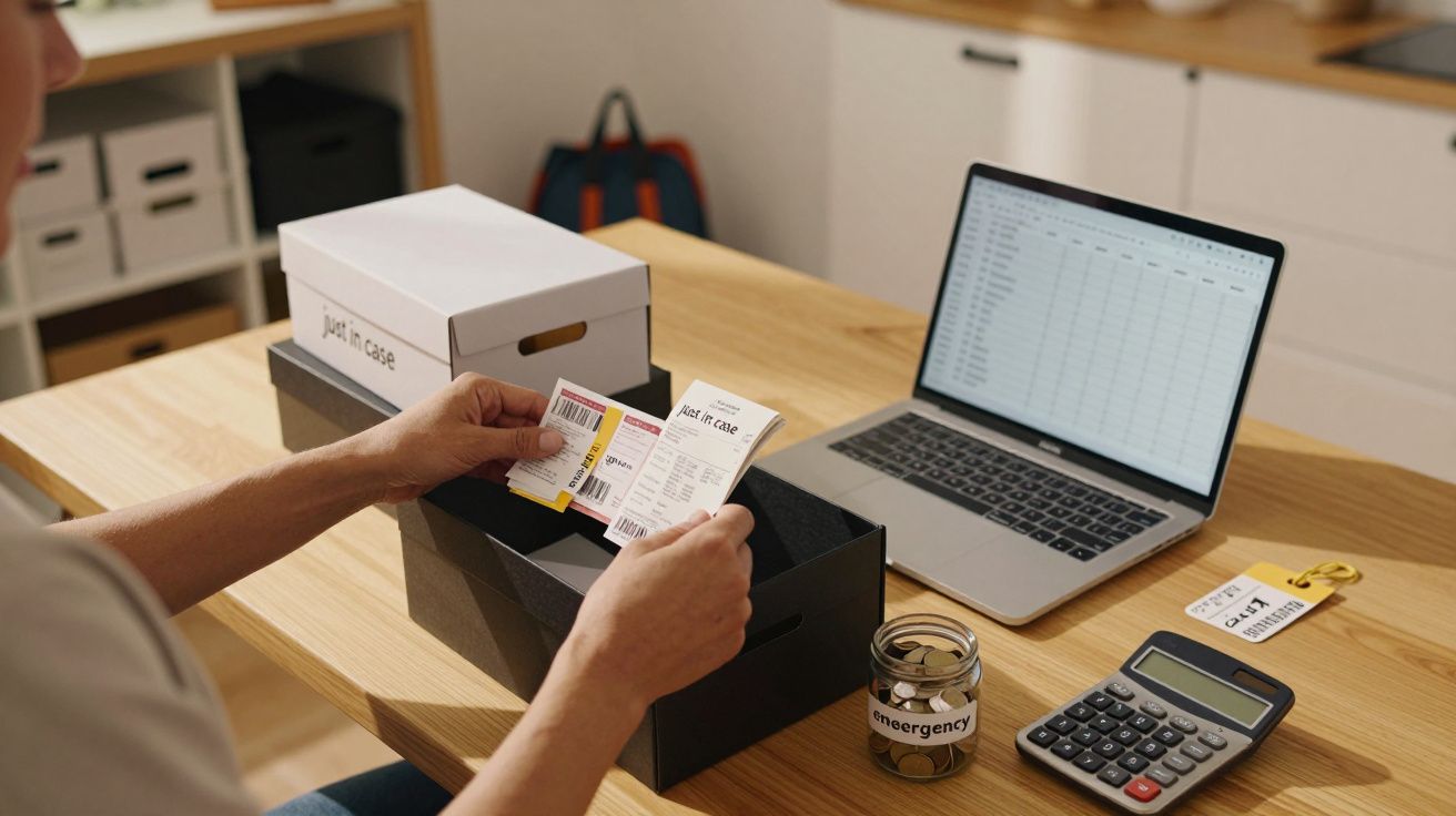 Person sorting receipts by a laptop with spreadsheets, a calculator, and an "emergency" jar on a wooden table.