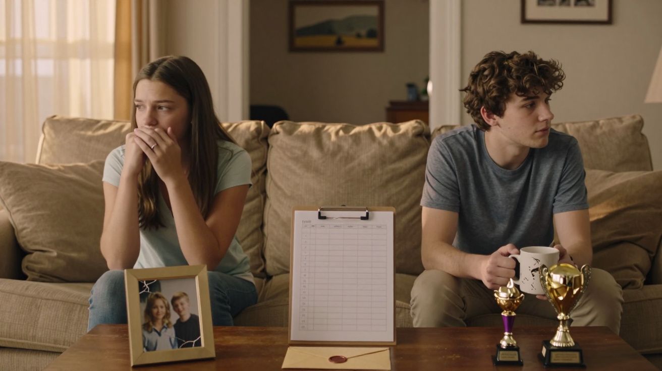 Teen girl and boy sit apart on a couch. Photo, clipboard, and trophies are on the table in front of them.