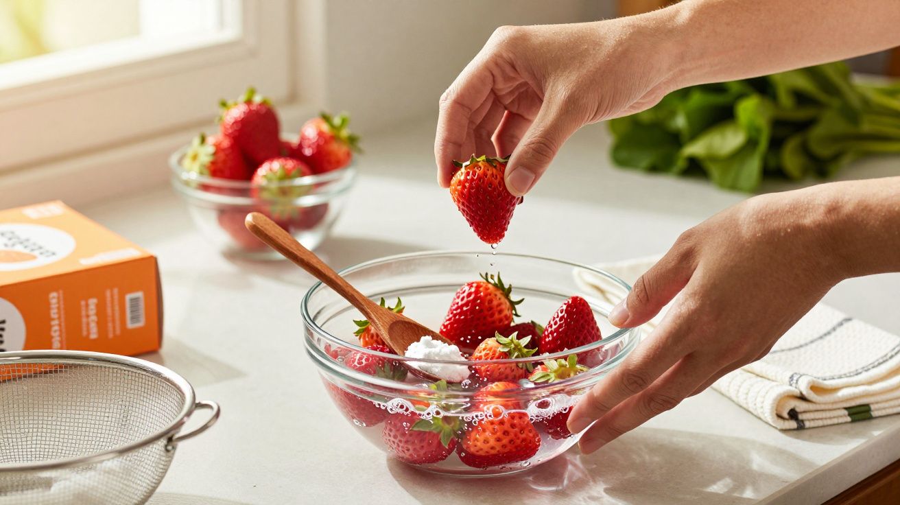 Hands washing strawberries in a glass bowl with baking soda near a window.