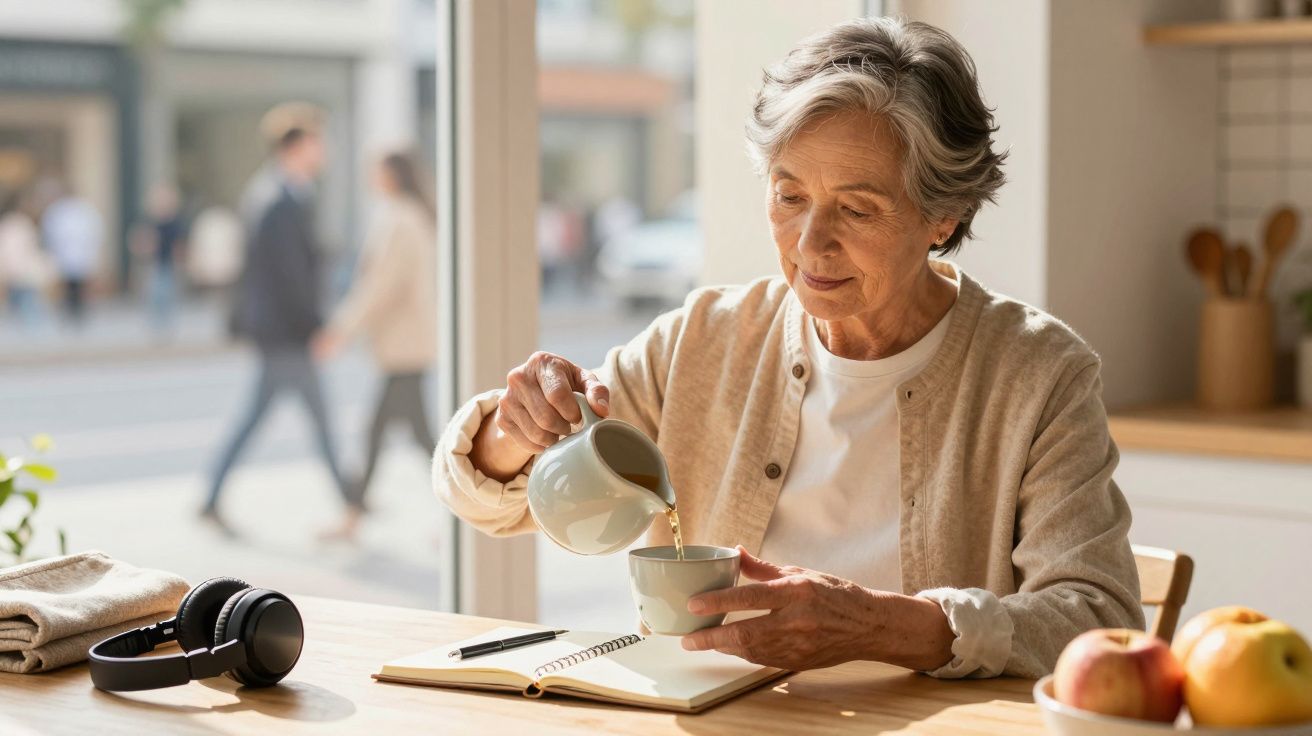 Elderly woman pours tea into a cup while sitting at a table with a notebook and headphones, apples nearby.