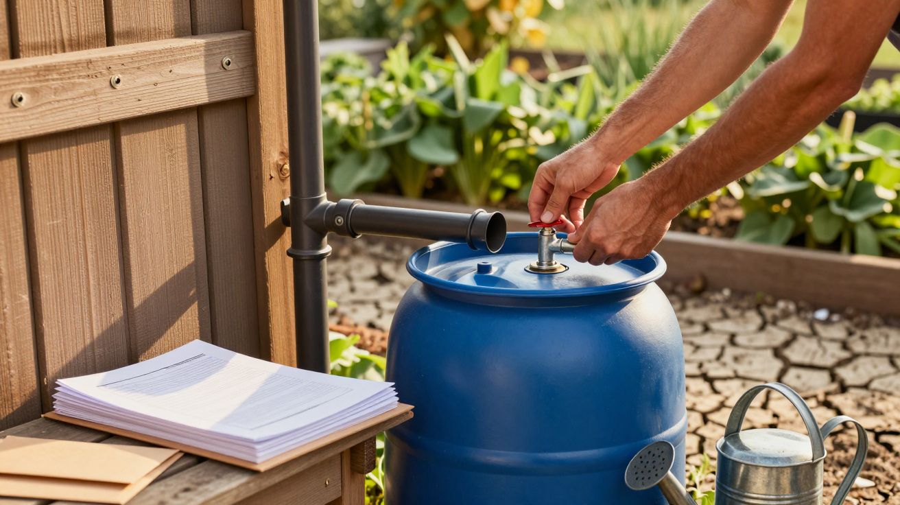 Person adjusting tap on blue rain barrel in garden with papers and watering can nearby.