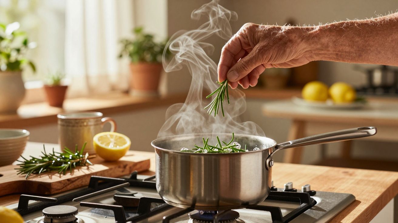 Hand adding rosemary to a steaming pot on a stove, with lemons and herbs in the background.