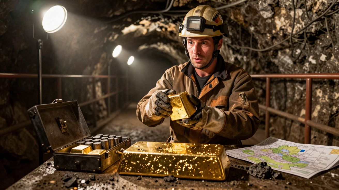 Miner examining a gold bar in a dimly lit tunnel, surrounded by mining equipment and maps.