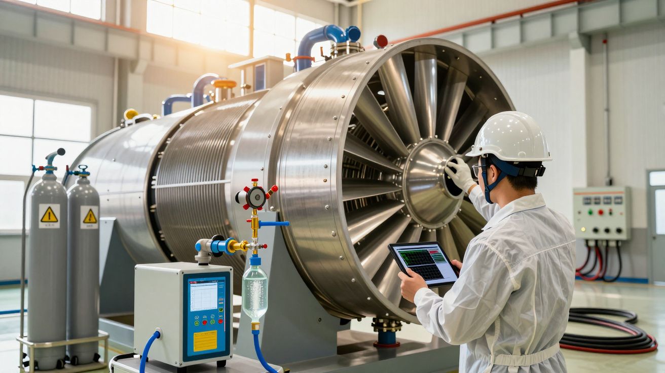 Technician in hard hat and mask inspects industrial turbine with a tablet in a factory setting.