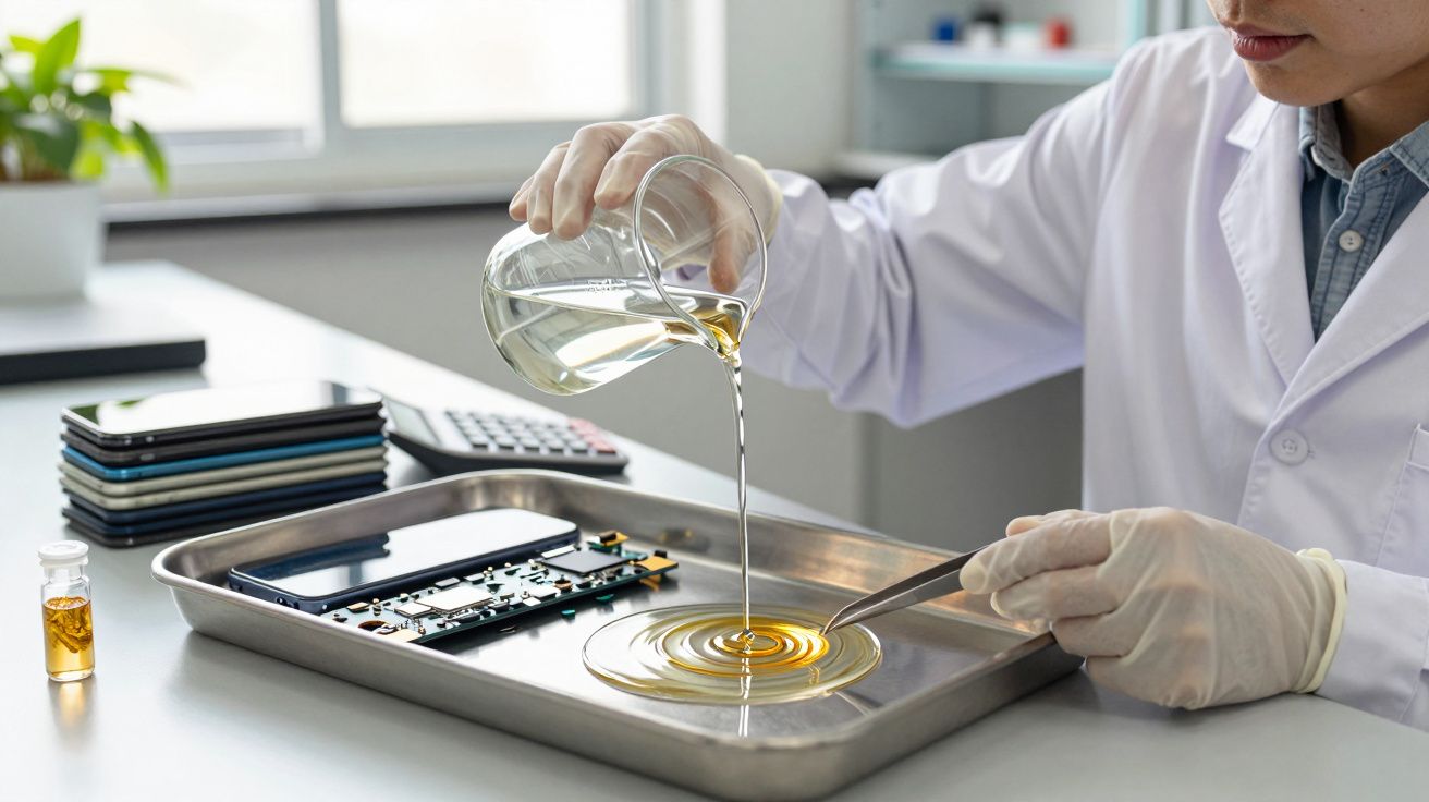Scientist pouring liquid from beaker on circuit board in a lab, wearing gloves and lab coat.