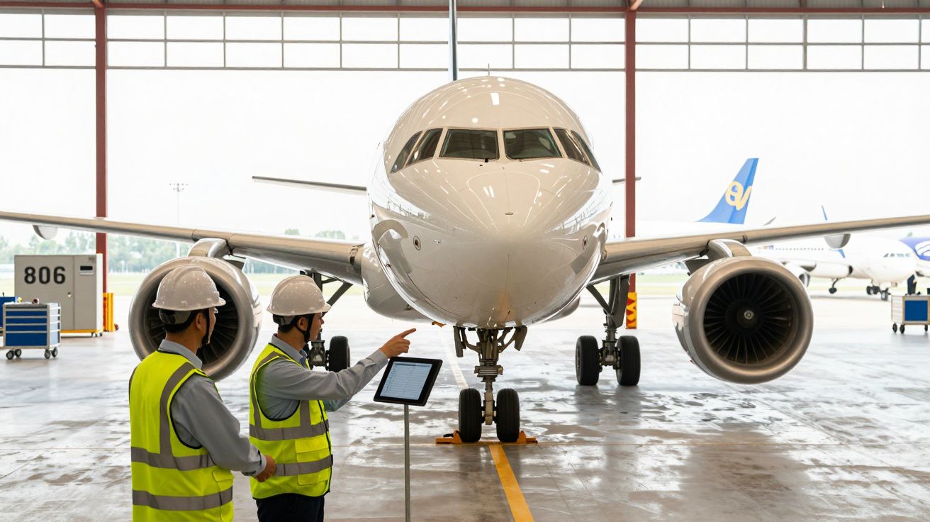 Two workers in safety gear inspect a jet airliner inside an aircraft hangar.