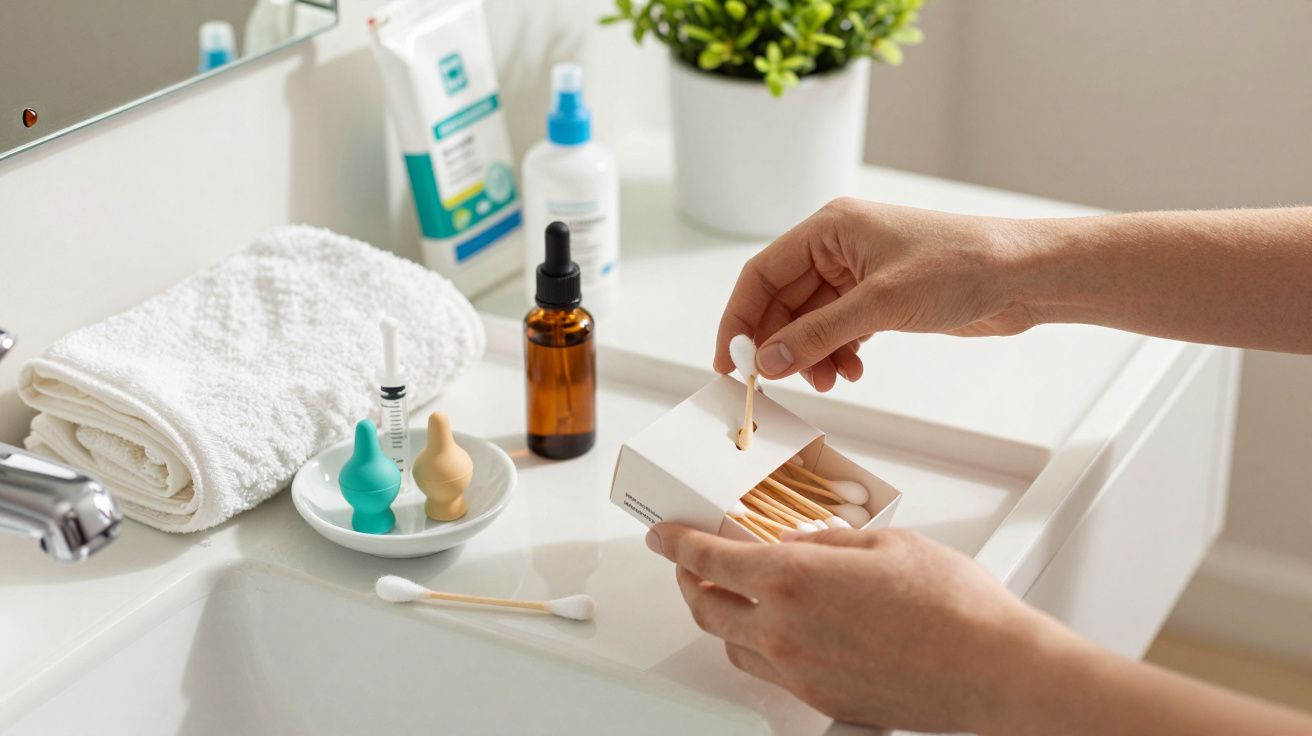 Hands holding a box of cotton swabs next to a sink with toiletries and a towel.