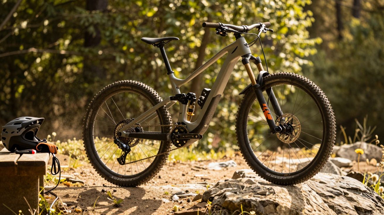Mountain bike on a rocky path in a forest with a helmet resting on a nearby bench, sunlight filtering through the trees.