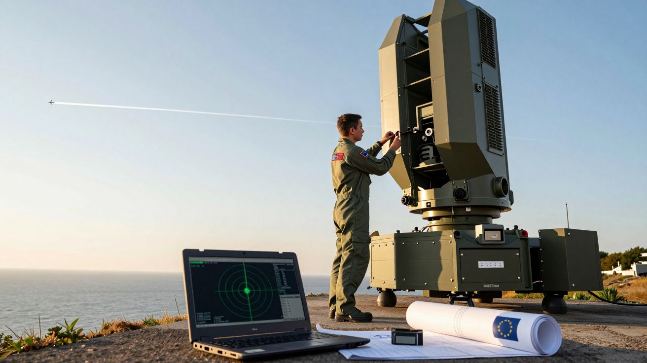 A person operates a large military radar by the sea, with a laptop and documents on a nearby platform.