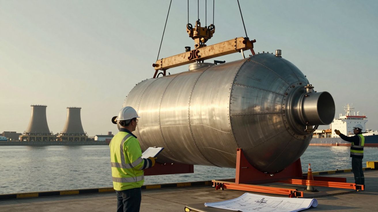 Dock workers in safety gear supervise heavy machinery lifting a large metal tank near cooling towers.