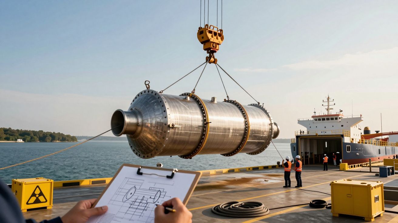 Large cylindrical object being loaded onto a ship at a dock, with a person holding a technical drawing in the foreground.