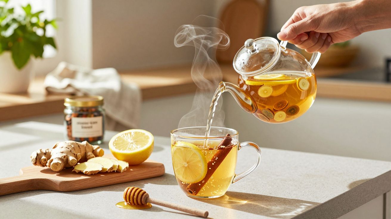 Pouring lemon ginger tea into a cup on a counter with sliced lemon, ginger, honey, and a jar nearby.