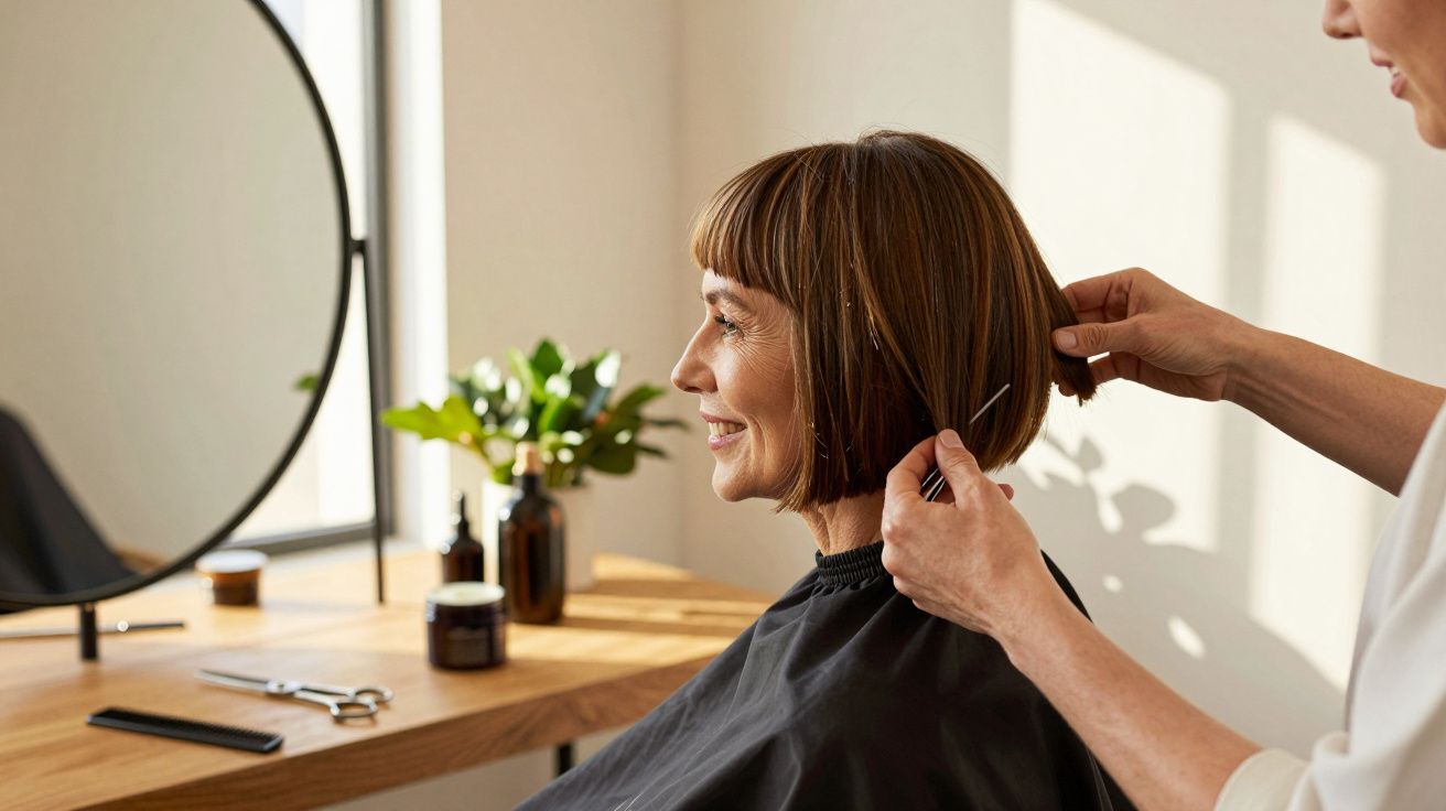 Woman smiling while stylist adjusts her short bob haircut in a salon with a round mirror and plant in the background.