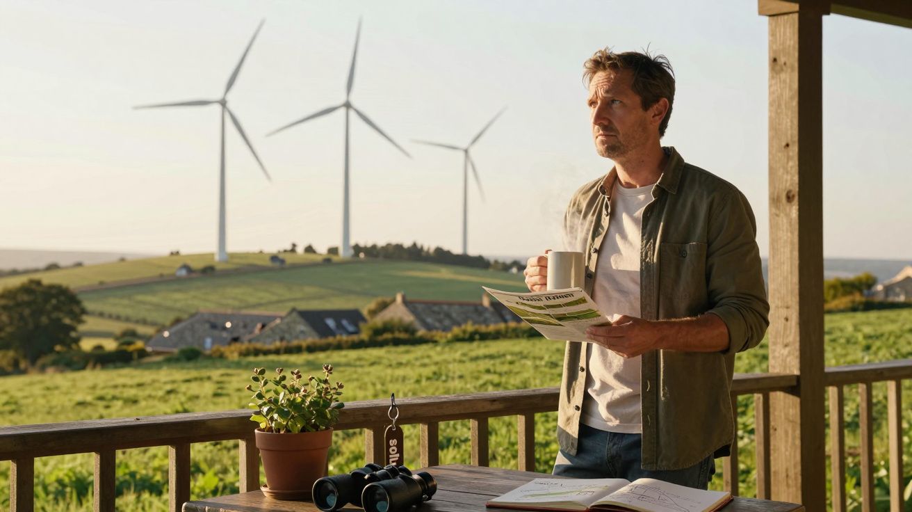 Man on porch sipping coffee, reading pamphlet, with wind turbines in background.