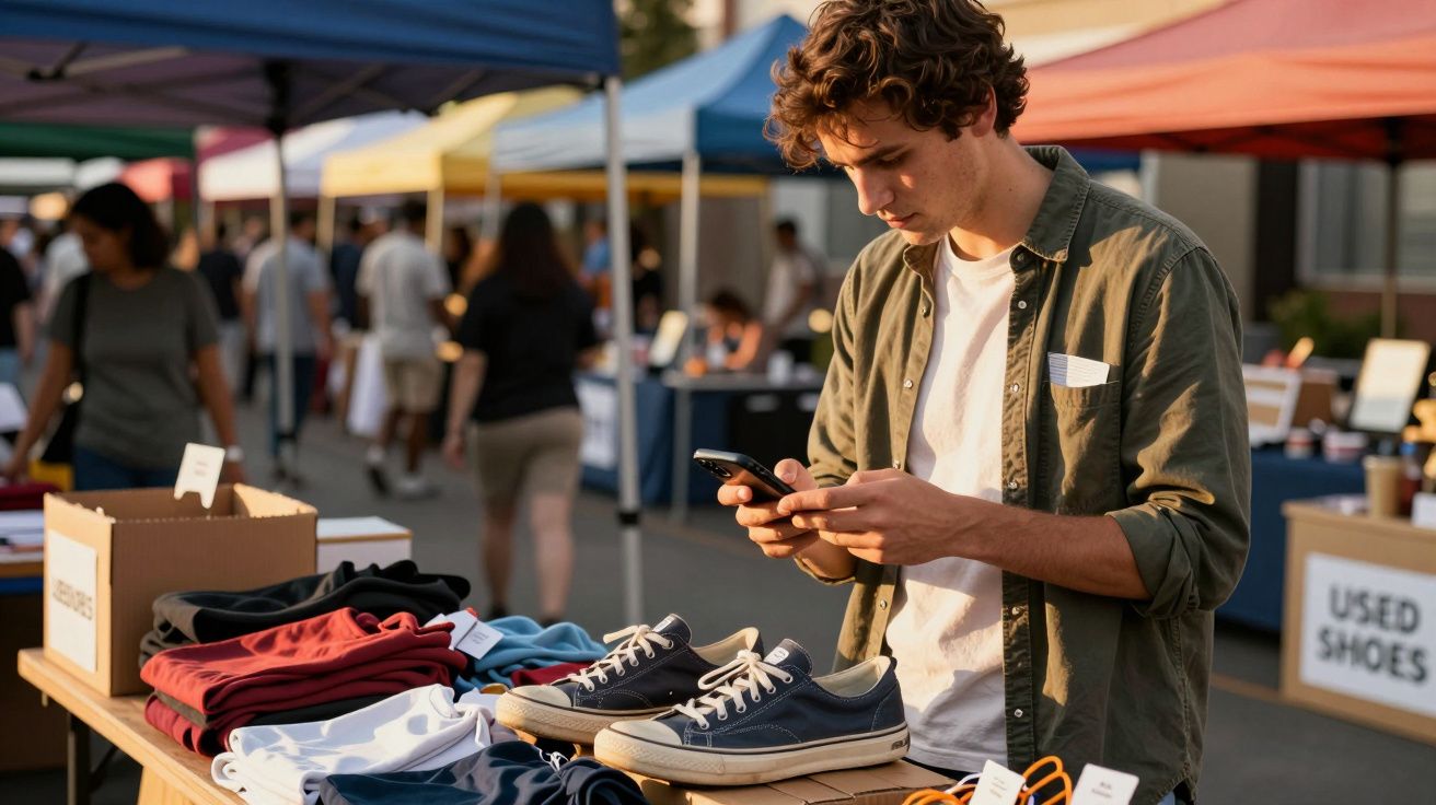 Man browsing phone at outdoor market stall with clothes and shoes, colorful canopies in background.
