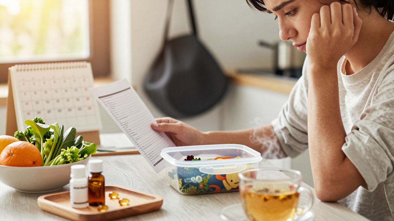 Person reading a food label at a table with vegetables, pills, tea, and a calendar.