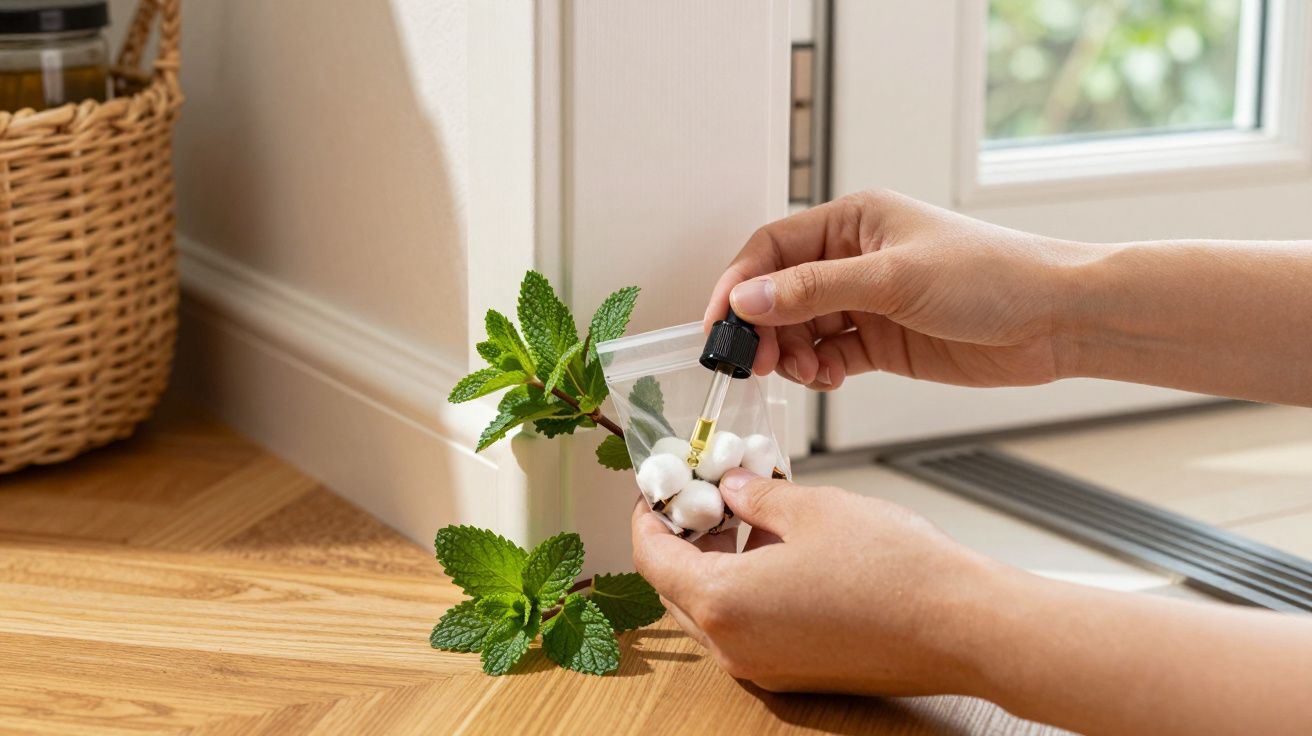 Hands preparing a bag of cotton balls with oil near fresh mint by a door.