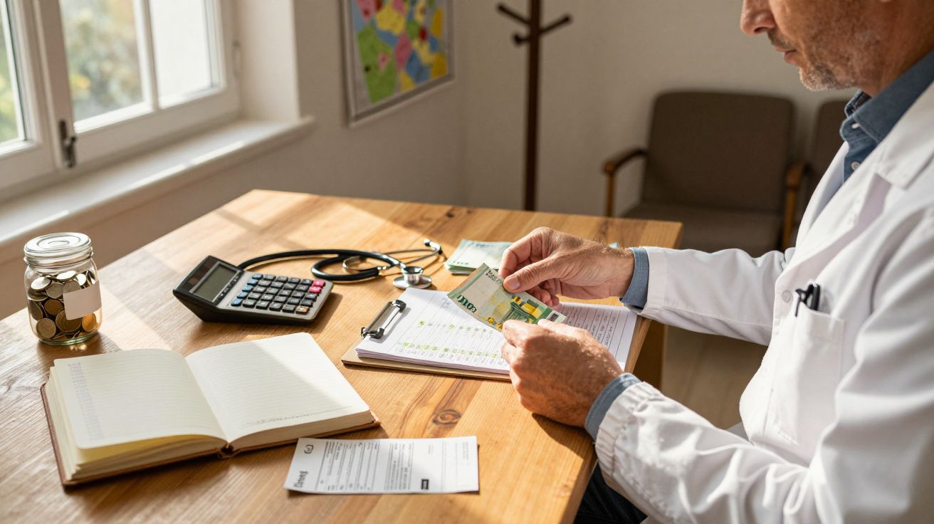 Doctor at desk counting money with calculator, stethoscope, and documents nearby.