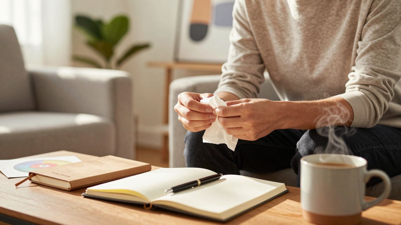 Person sitting with tissue, notebook, and pen on table, next to steaming mug and plant in a cozy room.