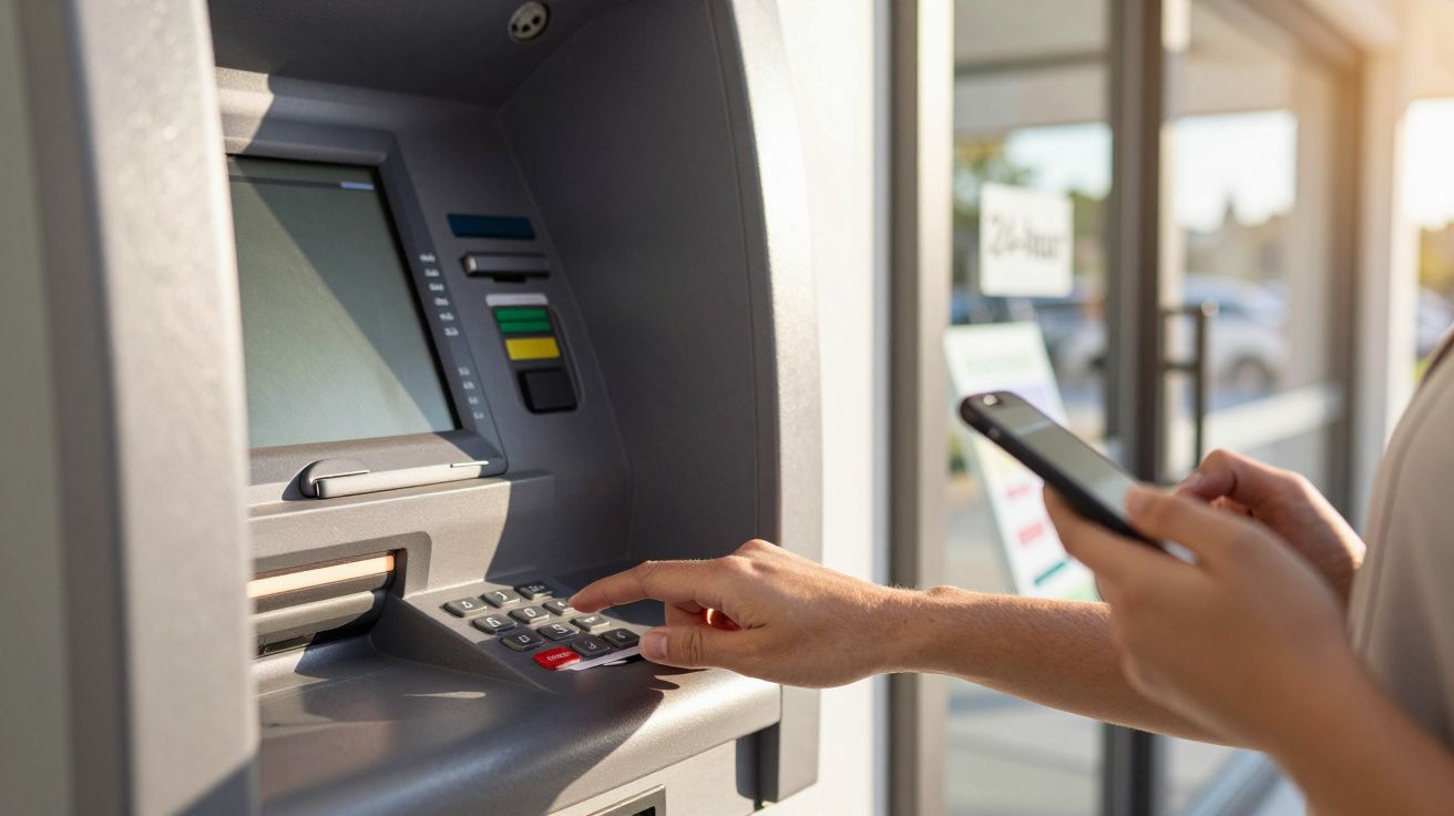 Person using an ATM, holding a smartphone in one hand and typing with the other.