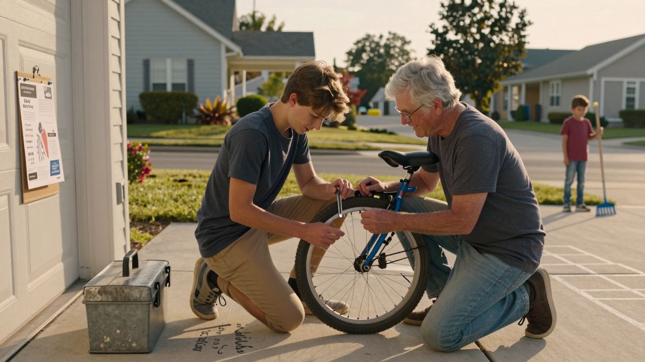 Teen and older man fixing a bicycle tire outside a garage, with a child playing in the background on a sunny day.