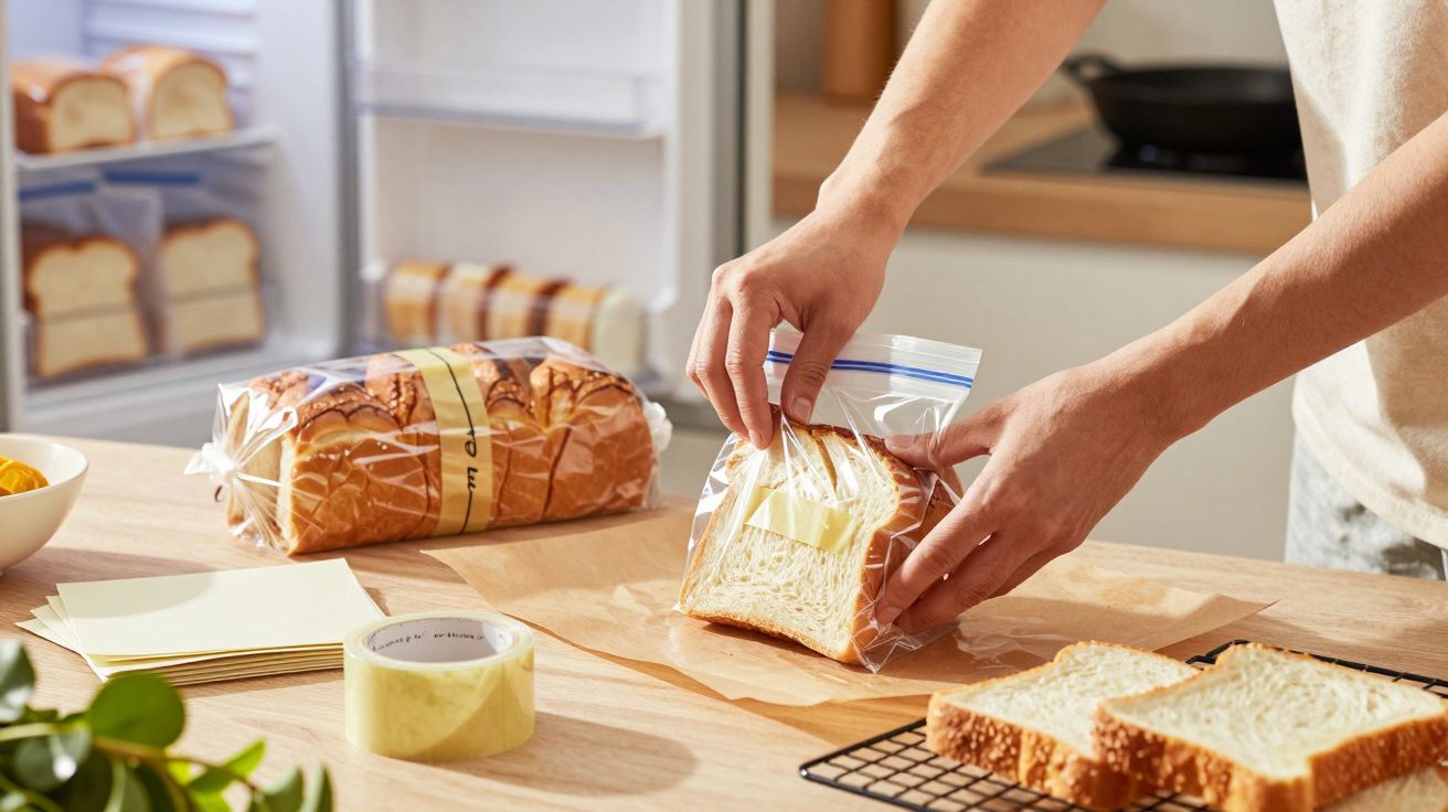 Person in a kitchen packaging sliced bread in a clear resealable bag with bread loaves on the counter.