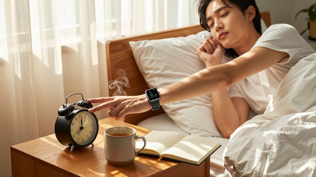 Person in bed reaching to turn off an alarm clock on a bedside table with a steaming mug and open book.
