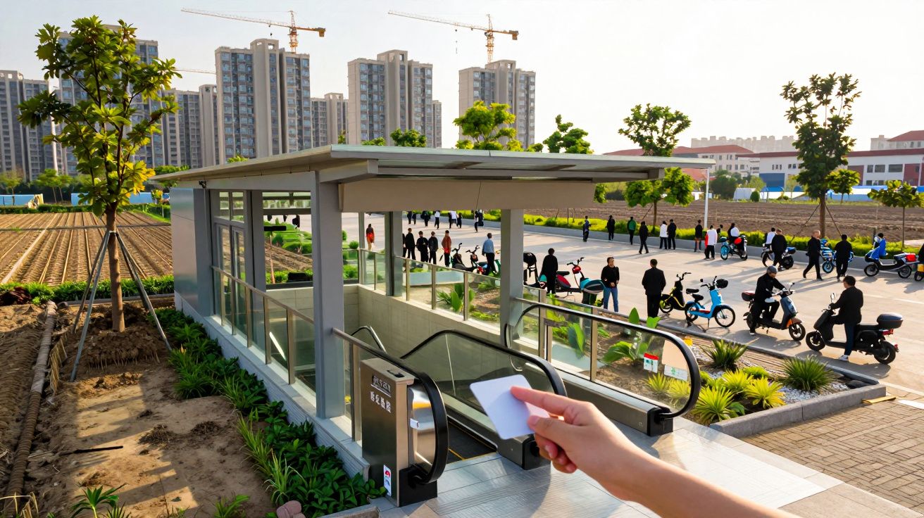 Hand holding card above escalator entrance, with people walking and biking nearby in an urban area with tall buildings.