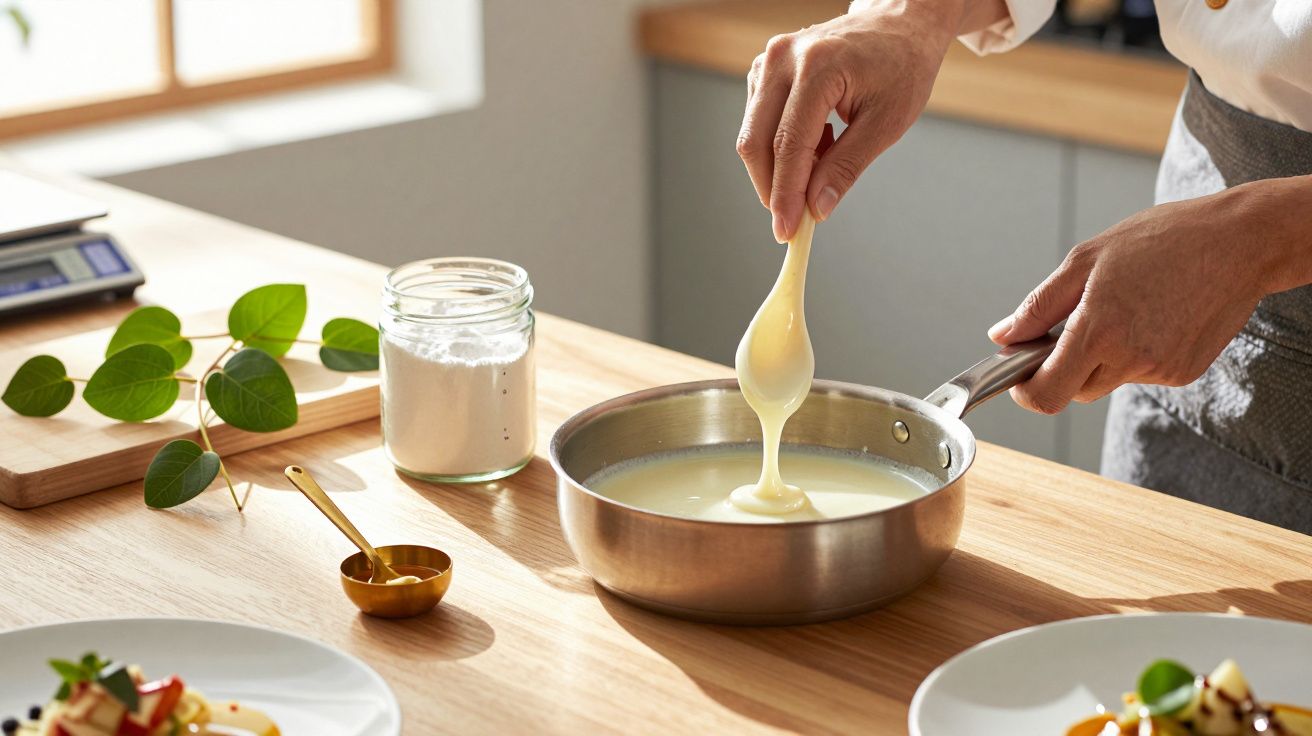 Person stirring creamy mixture in a saucepan on a wooden counter with ingredients nearby, in a bright kitchen.