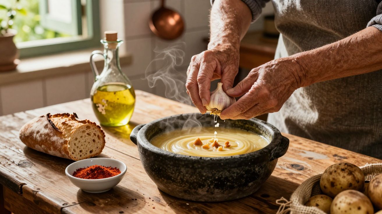 Person squeezing garlic into a steaming bowl of potato soup on a wood table with bread, paprika, and olive oil nearby.