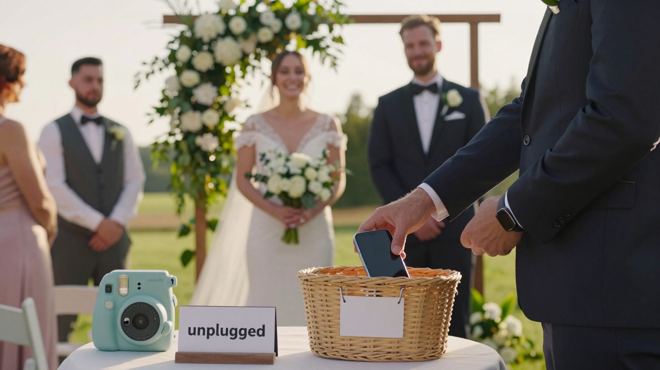 Wedding ceremony with a sign "unplugged." A guest places a phone in a basket, and a couple stands smiling in the background.