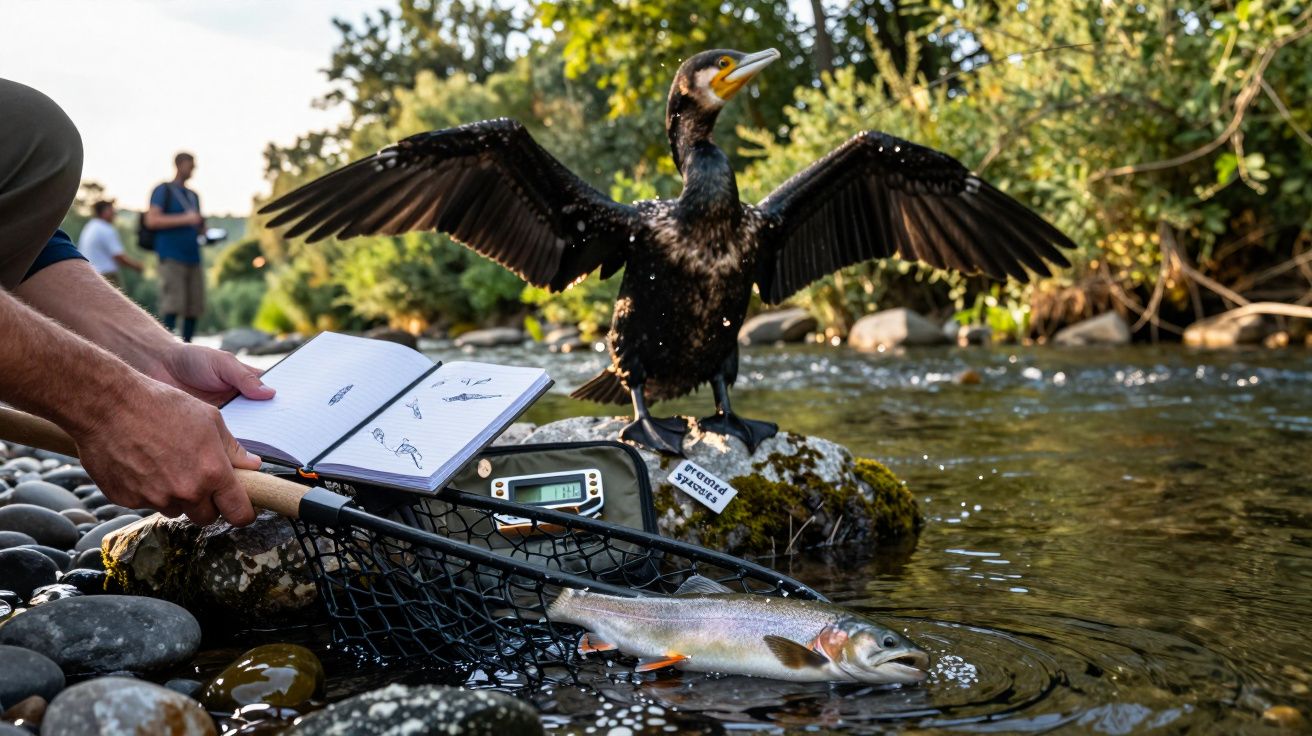 Person recording data by a river, with a cormorant drying its wings and a trout in a net on the rocky shore.