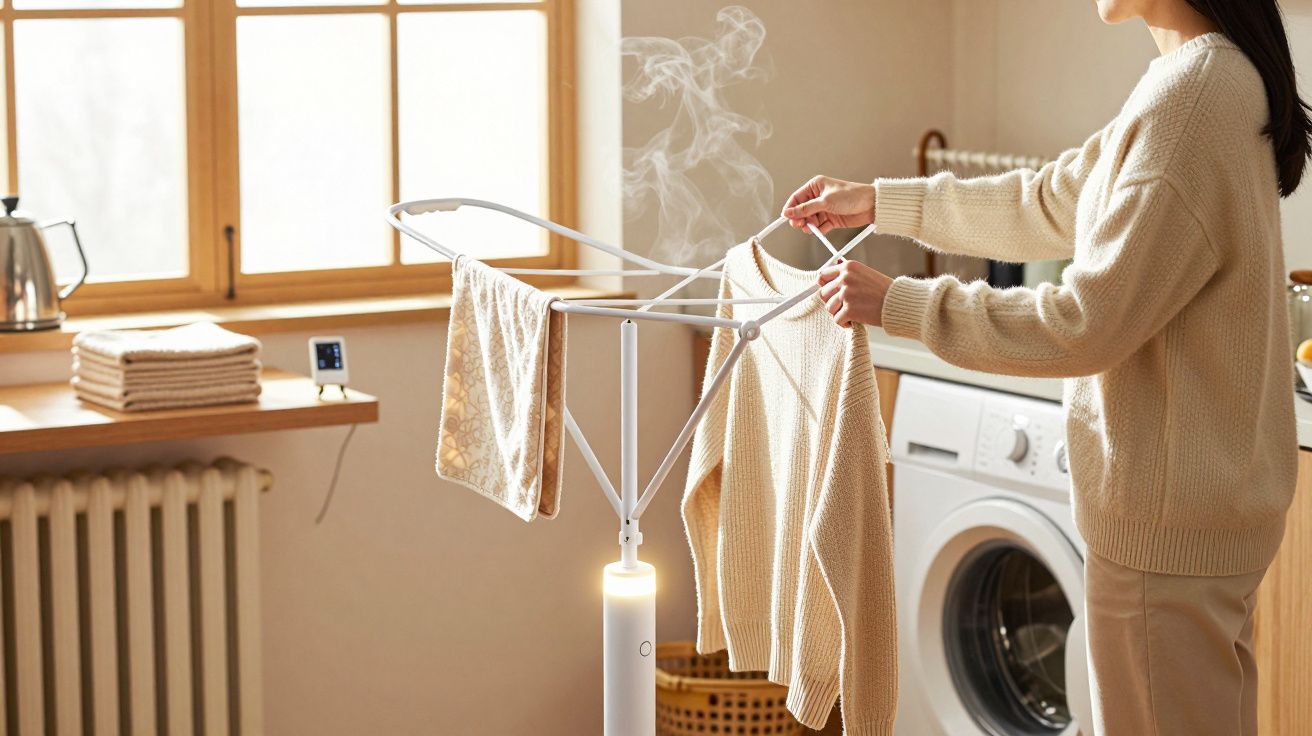 Person placing clothes on a drying rack in a cozy laundry room, with a washing machine and a window in the background.