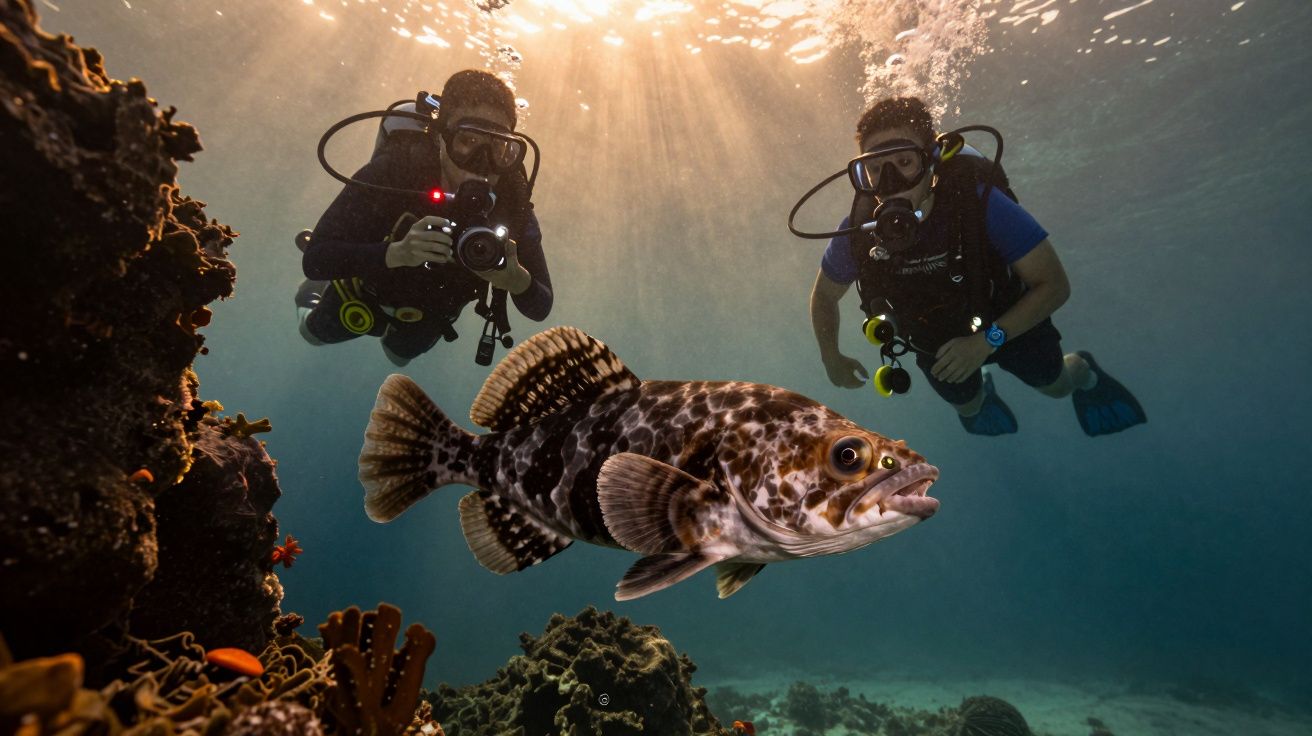 Two scuba divers photographing a large grouper fish in the sunlight over a coral reef.