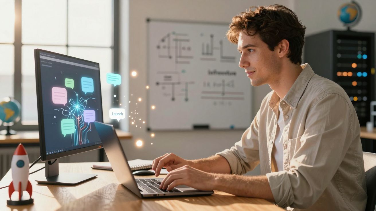 A person works on a laptop with AI chat interface, a monitor displays colorful messages, a toy rocket is on the desk.