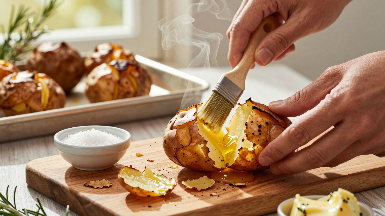Hands brushing butter on a freshly baked potato, with salt on the side and steam rising.