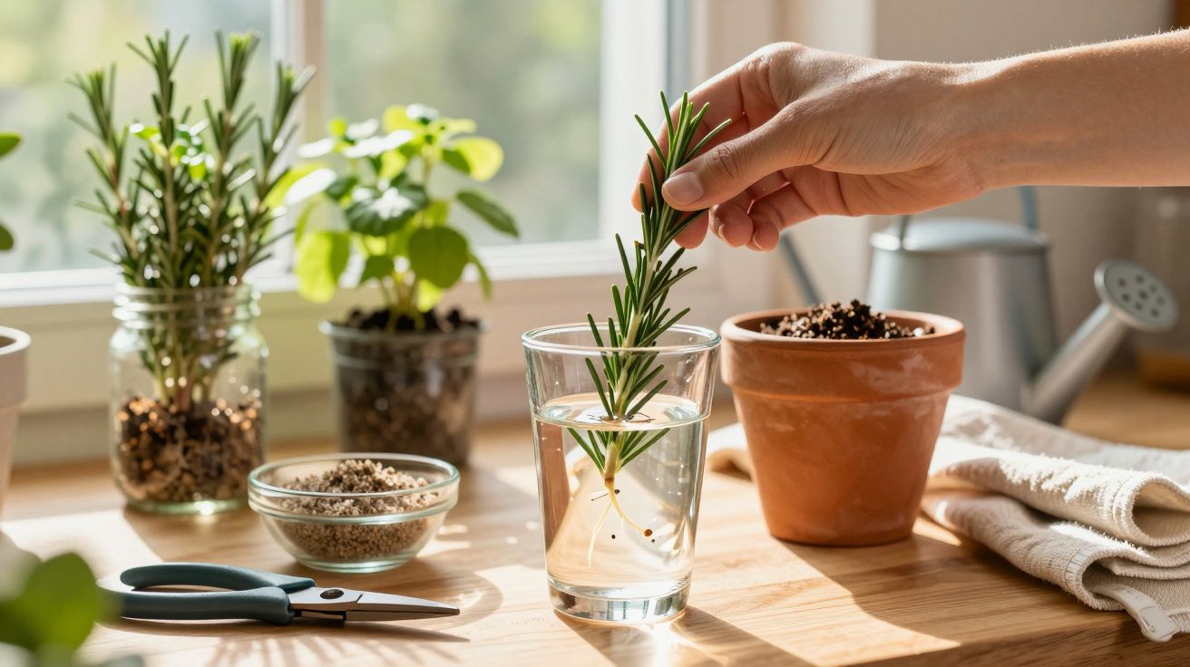 Hand placing rosemary stem in water glass, surrounded by potted plants, soil, scissors, and a towel on a sunny windowsill.