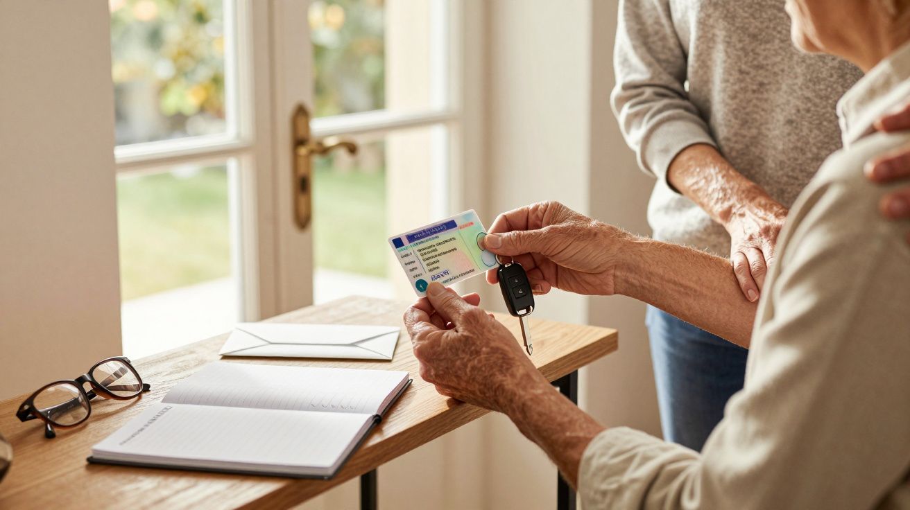 Elderly person holding a driver's license and car keys, with a supportive hand on shoulder, next to a notebook and glasses.