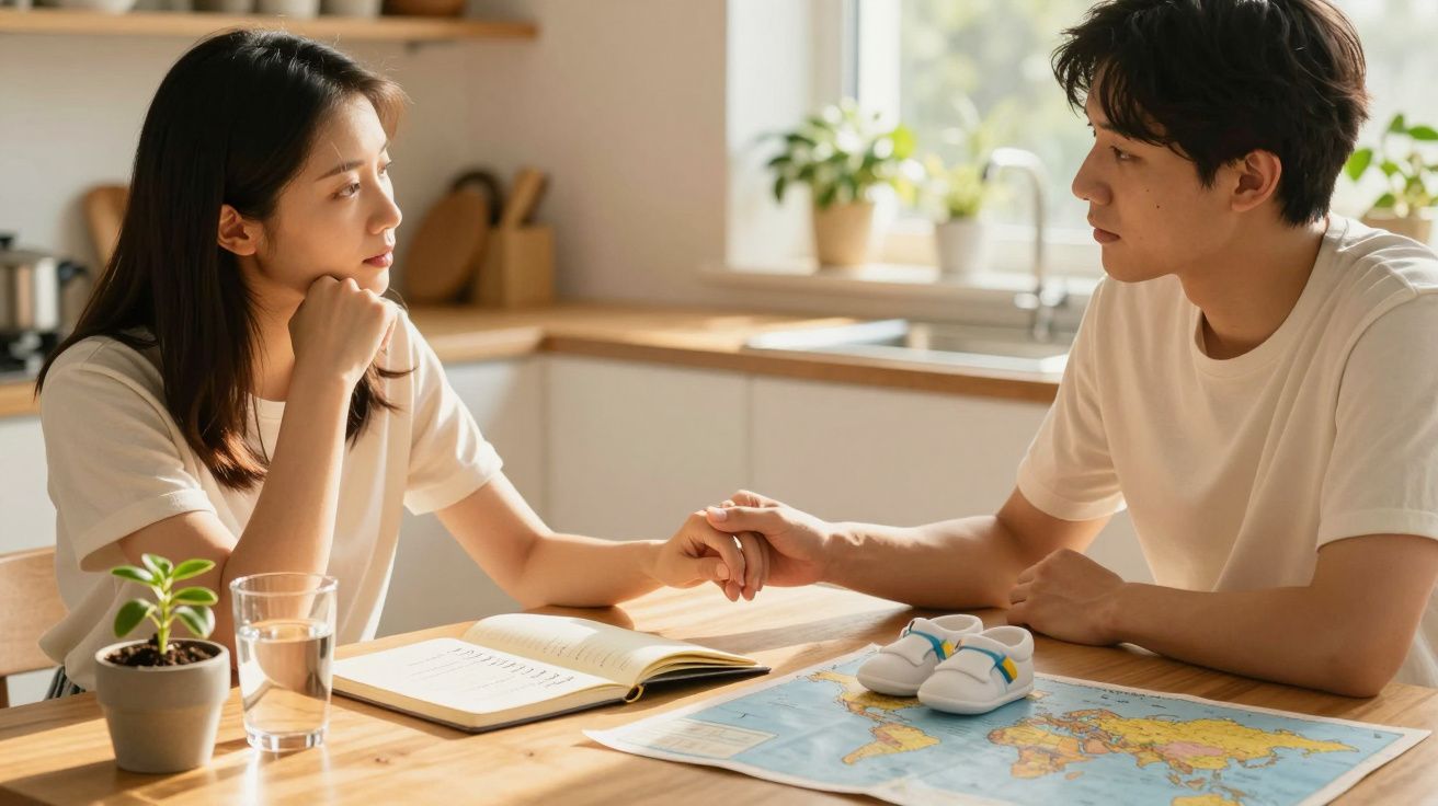 Couple holding hands at a table with a world map, baby shoes, notebook, and a potted plant in a sunlit kitchen.